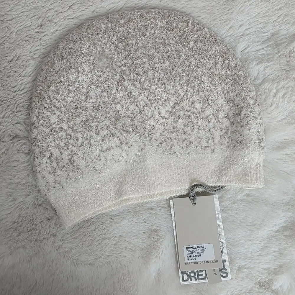 Barefoot Dreams CozyChic Lite Confetti Beanie Cream Taupe Knit Slouchy NWT OS